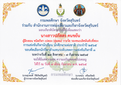 นางสาวปภัสสร คนขยัน ผู้ฝึกสอนกีฬาเปตอง (คู่ผสม) รองชนะเลิศอันดับ 2
การแข่งขันกีฬานักเรียน นักศึกษาแห่งชาติ ประจำปี 2565
คำหลัก: เปตอง;กีฬา