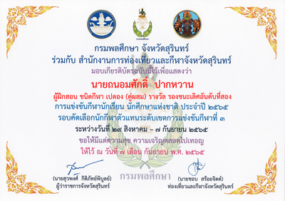 นายถนอมศักดิ์ ปากหวาน ผู้ฝึกสอนกีฬาเปตอง (คู่ผสม) รองชนะเลิศอันดับ 2
การแข่งขันกีฬานักเรียน นักศึกษาแห่งชาติ ประจำปี 2565
คำหลัก: เปตอง;กีฬา